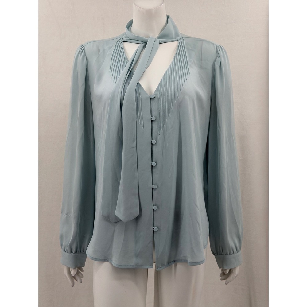 J Crew 365 Top Women 12 Blue Tie Neck Pleated Button Up Long Sleeve Sheer Preppy